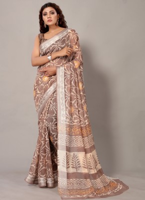 Aarrah Printed Bollywood Cotton Blend Saree(Brown)