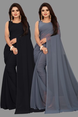 V And V Shop Solid/Plain Bollywood Georgette Saree(Pack of 2, Black, Grey)