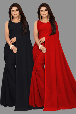 V And V Shop Solid/Plain Bollywood Georgette Saree(Pack of 2, Purple, Black)