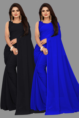 V And V Shop Solid/Plain Bollywood Georgette Saree(Pack of 2, Blue, Black)