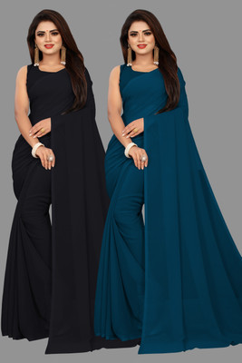 V And V Shop Solid/Plain Bollywood Georgette Saree(Pack of 2, Dark Green, Black)