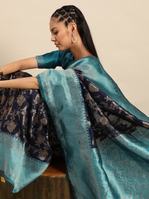 BOVTY Woven Banarasi Silk Blend Saree(Blue)