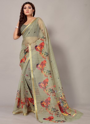 Aarrah Printed Bollywood Cotton Blend Saree(Green)