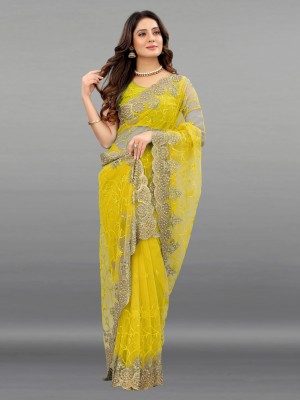 PARAMPARA DESIGNER Embroidered Bollywood Net Saree(Yellow)