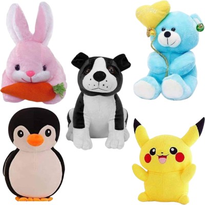 Toyhaven Exclusive and Unique combo of 5 adorable and lovely soft toys for kids and special occasions/ BULLDOG, PENGUIN, PIKACHU , RABBIT and TEDDY with 'I LOVE YOU' BALLOON / special stuffed toys for gifting and decoration  - 25 cm(Pink, Blue, White, Yellow, Black)