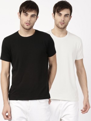 asar Solid Men Round Neck White, Black T-Shirt