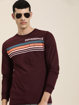DIFFERENCE OF OPINION Striped Men Round Neck Maroon T-Shirt