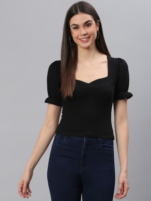 Cation Casual Solid Women Black Top