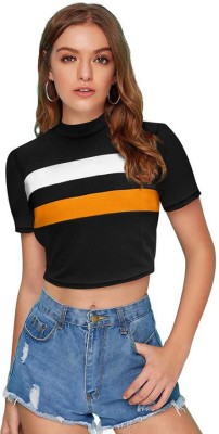 I N U FASHION Colorblock Women High Neck Black T-Shirt