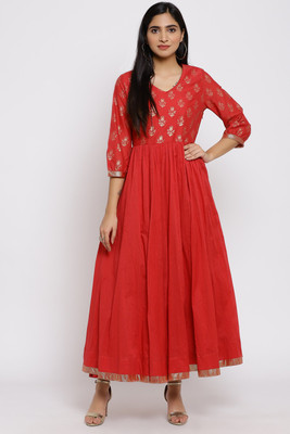 BIBA Women Fit and Flare Red Maxi/Full Length Dress