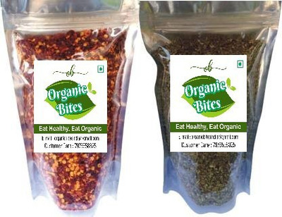 Organic Bites Seasoning Combo Pack of 2 Red Chilly Flakes 100 gm and Oregano Flakes 100 gm I Natural Mathania's Red Chilli Flakes & Oregano Seasoning - (200 gm)(200 g)