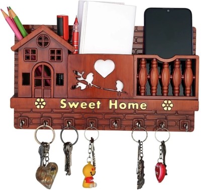 Plastichouse Plastic Wood Color Wall Mounted Sweet Home Design Key Holders Mobile Stand for Wall Decor Wooden Color, Keys Hanger Stylish Hook Stand 8 Key Organizer for Home Decor and Office,Pack of 1 Plastic Key Holder(8 Hooks, Multicolor)