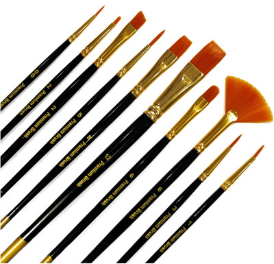Definite Taklon Bristle Artist Paint Brushes for Professionals; Flat Fan Script Liner Fan Angular Round; Anti-Shedding Synthetic Bristles (Pack of 10)(Black, Orange)