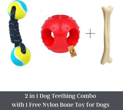 Foodie Puppies Best Quality Dog Rubber Chew Toys Combo Pet Playing ,Exercise Rubber Fetch Toy, (Hole Ball + Double Tennis Rope) + Free Small Bone for Rubber, Jute Fetch Toy, Chew Toy, Ball For Dog