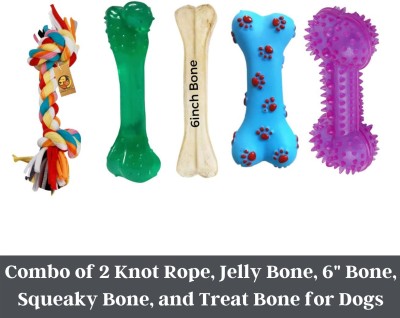 Foodie Puppies Interactive 2 Knot Rope, Squeaky Paw Print, Natural Rubber Jelly, Spike Treat Dispenser Bone Chew Toys, and 6-inch Bone for Dogs Training, Playing and Dental Health (Combo Pack of 5) Rubber Chew Toy For Dog