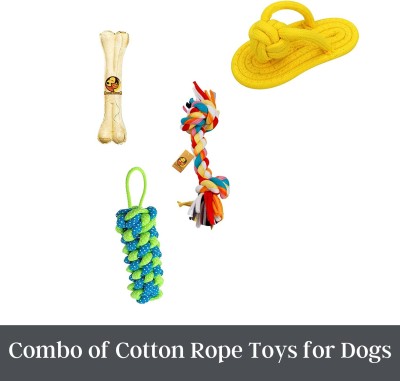 Foodie Puppies Durable Cotton Rope Toys for Teeth Cleaning, Gums Massage and Chewing (2Knot, Corn Stick Rope, Slipper Rope & 3 Inch Bone, Pack of 4) Jute Chew Toy, Bone For Dog