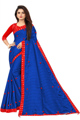 ONTIC LIFESTYLE Applique, Solid/Plain Bollywood Cotton Silk Saree(Red, Blue)