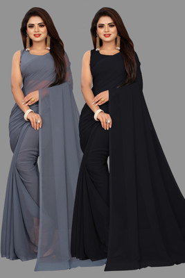 V And V Shop Solid/Plain Bollywood Georgette Saree(Pack of 2, Black, Grey)