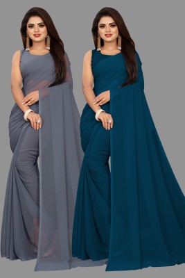 V And V Shop Solid/Plain Bollywood Georgette Saree(Pack of 2, Green, Grey)