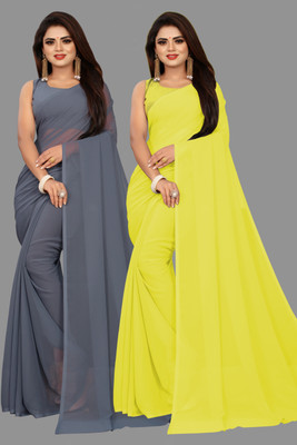 V And V Shop Solid/Plain Bollywood Georgette Saree(Pack of 2, Grey, Yellow)