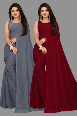 V And V Shop Solid/Plain Bollywood Georgette Saree(Pack of 2, Maroon, Grey)