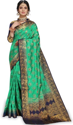 iZibra Self Design, Woven Banarasi Art Silk, Cotton Silk Saree(Dark Blue, Green)