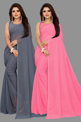 V And V Shop Solid/Plain Bollywood Georgette Saree(Pack of 2, Pink, Grey)