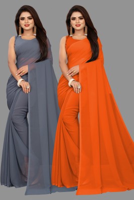 V And V Shop Solid/Plain Bollywood Georgette Saree(Pack of 2, Orange, Grey)