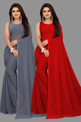 V And V Shop Solid/Plain Bollywood Georgette Saree(Pack of 2, Red, Grey)