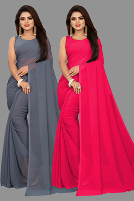 V And V Shop Solid/Plain Bollywood Georgette Saree(Pack of 2, Green, Grey)