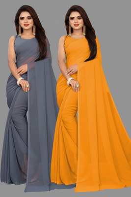 V And V Shop Solid/Plain Bollywood Georgette Saree(Pack of 2, Orange, Grey)
