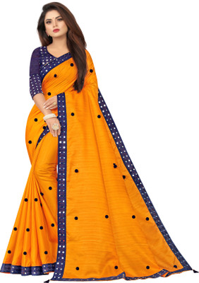 ONTIC LIFESTYLE Applique, Solid/Plain Bollywood Cotton Silk Saree(Mustard)