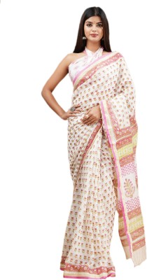 SHIVANYA HANDICRAFTS Printed Chanderi Cotton Silk Saree(White)