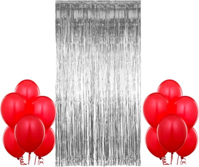 Saikara Collection Solid Happy Birthday Solid Balloon Combo Set Of 21, 1 Silver Curtain, 20 Red Balloons For Birthday, Anniversary & Party Decoration Balloon(Silver, Red, Pack of 21)