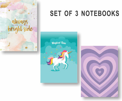 3DS Note book A5 Notebook unuled 80 Pages(bright side, blue unicorn, heart, Pack of 3)