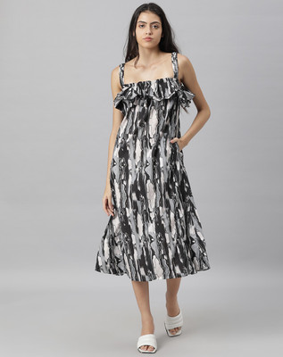 RAREISM Women Ruffled Black Midi/Calf Length Dress