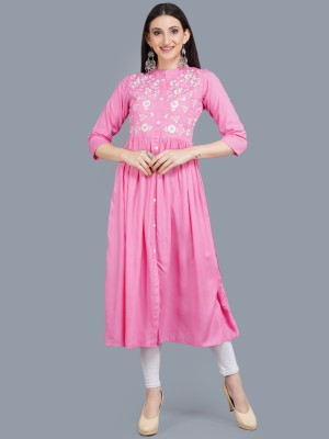Anuttara Fashions Women Embroidered Flared Kurta(Pink)