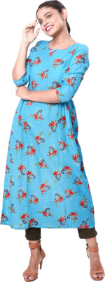 rayie collection Women Printed Flared Kurta(Light Blue)