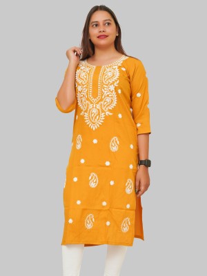 RANGAA NAWAAB Women Chikan Embroidery, Embroidered Straight Kurta(Yellow)