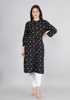 kipek Women Printed Straight Kurta(Black)