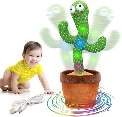 AASAVI Dancing Cactus Toy | LED Lights & Talking Musical Dancing Plush Cactus toy | Early Educational Toy for Kids Babies Children | Wriggle & Singing Repeating What You Say Cactus Toys 120 Songs (Yellow Designer cap with Srug)(Green)