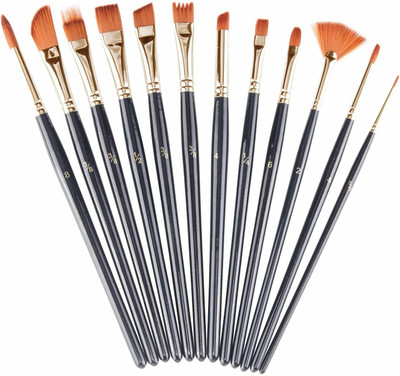 DELITON Mix Brushes Professional Paint Brush Round Pointed Tip Nylon Hair Artist Acrylic Brush for Acrylic Watercolor Oil Painting Set of 12(Black)