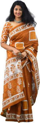 NIKHILAM Printed Handloom Pure Cotton Saree(Mustard)