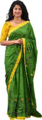 NIKHILAM Printed Handloom Pure Cotton Saree(Green)