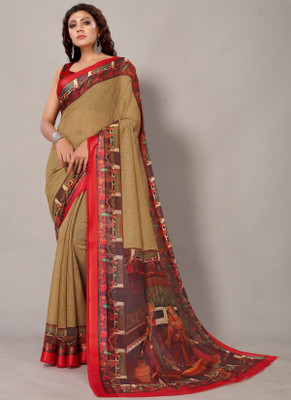 Aarrah Digital Print Bollywood Cotton Blend Saree(Red, Beige)