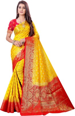 lensta creation Woven Kanjivaram Jacquard, Art Silk Saree(Yellow)