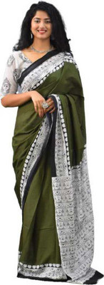NIKHILAM Printed Handloom Pure Cotton Saree(Green, White)