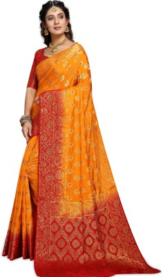 iZibra Self Design, Woven Banarasi Pure Silk, Cotton Silk Saree(Red, Yellow)