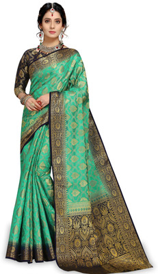 Rupatika Woven Kanjivaram Pure Silk, Cotton Silk Saree(Dark Blue, Green)