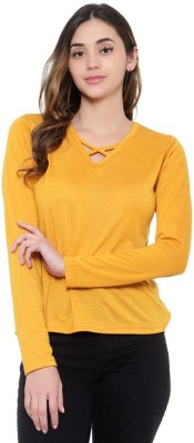 Bi Fashion Solid Women V Neck Yellow T-Shirt